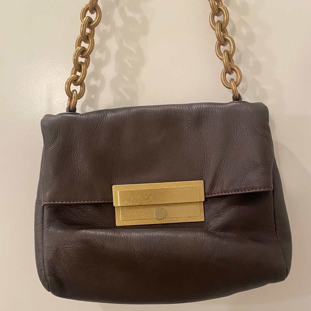 Vintage Donatella Lucchi Milan Brown Leather Purse with Gold Chain